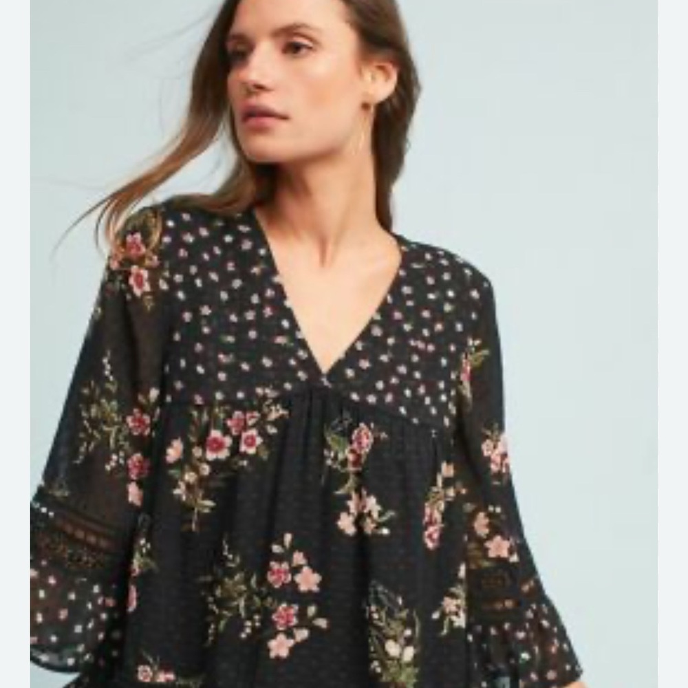 Anthropologie Maeve Steffy Bell Sleeve Black Floral V-Neck Blouse